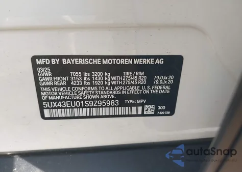 2025 BMW X5 Phev xDrive50E from USA, damaged, VIN 5UX43EU01S9Z95983